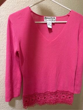 Vintage Joseph Women's Pink V-Neck Sweater with Crocheted Hem